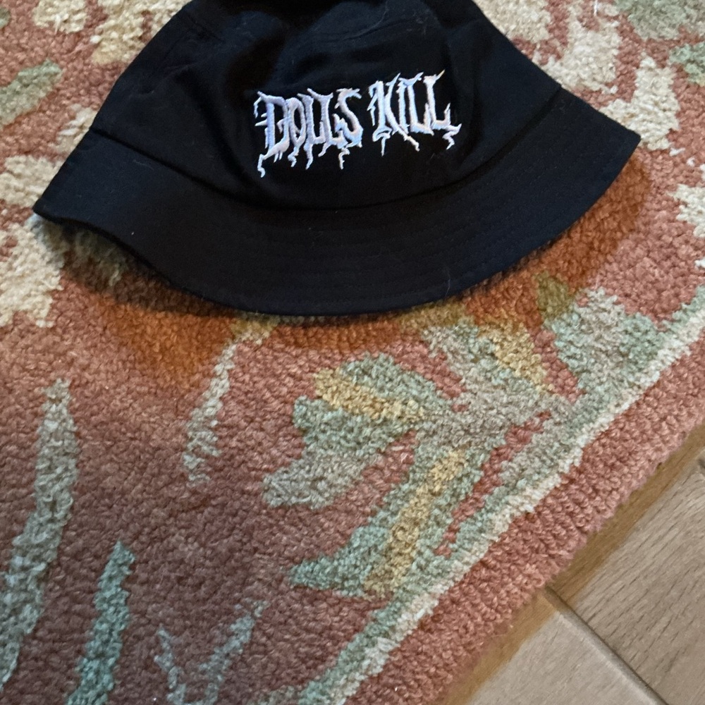 Dolls Kill Black Hat with White Embroidery cute